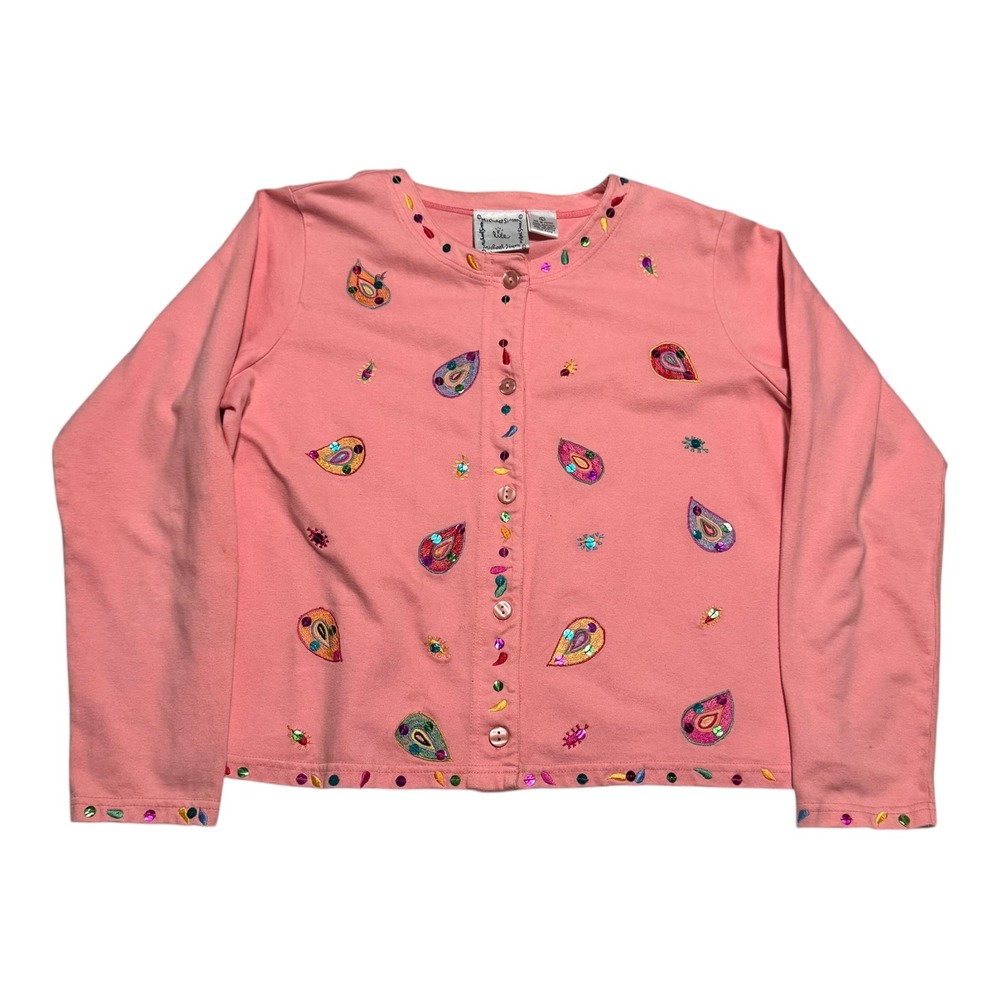 Michael Simon Lite Pink Geometric Patterned‎ Lightweight Cardigan Women's L FLAW